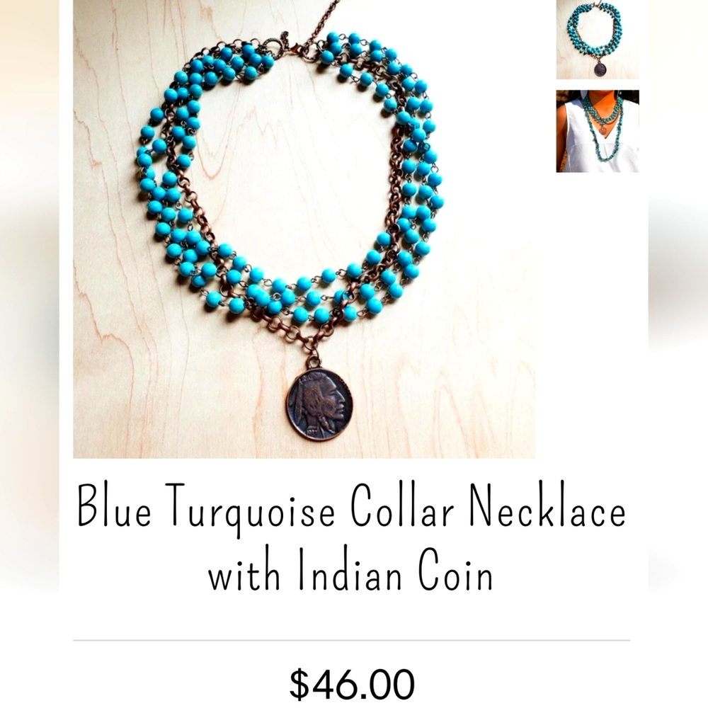 Turquoise collar necklace with Indian Coin